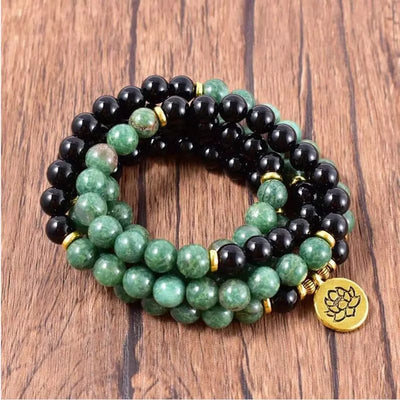 African Jade & Black Onyx Lotus Mala Bracelet/Necklace - Prana Heart: Everyday Mindfulness