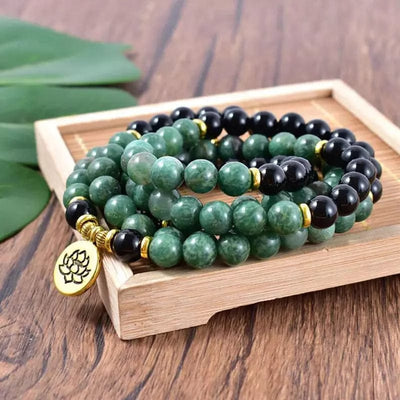 African Jade & Black Onyx Lotus Mala Bracelet/Necklace - Prana Heart: Everyday Mindfulness