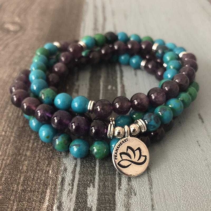 Amethyst and Chrysocolla Lotus Mala Bracelet/Necklace