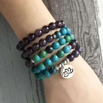 Amethyst and Chrysocolla Lotus Mala Bracelet/Necklace - Prana Heart: Everyday Mindfulness