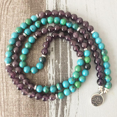 Amethyst and Chrysocolla Lotus Mala Bracelet/Necklace - Prana Heart: Everyday Mindfulness