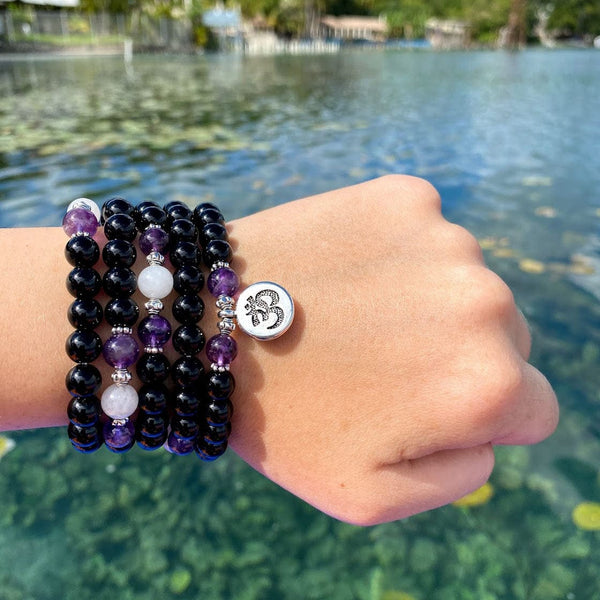 Black Onyx & Amethyst Om Mala Bracelet/Necklace