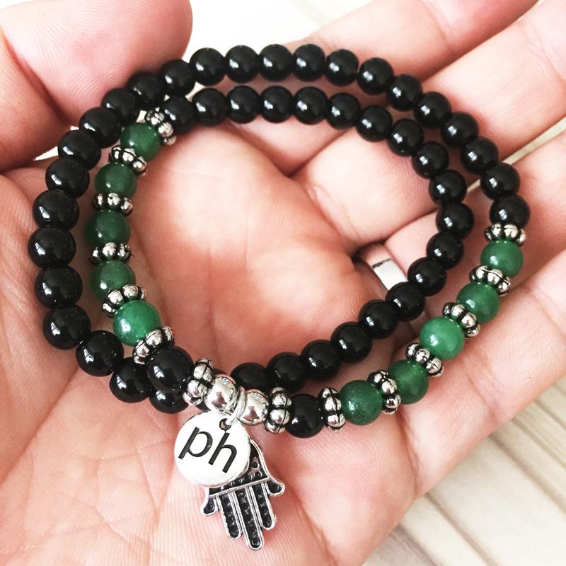 Black Onyx Green Jade Hamsa Wrap Bracelet