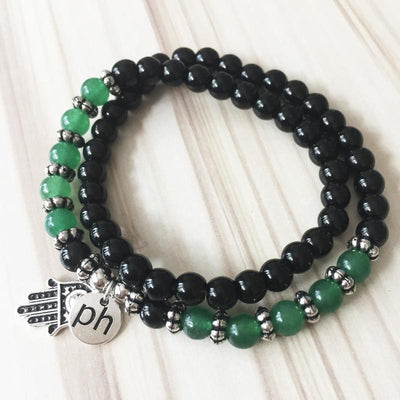 Black Onyx & Green Jade Hamsa Wrap Bracelet - Prana Heart: Everyday Mindfulness