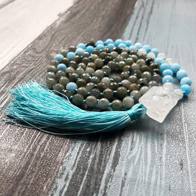 Creativity and Intuition - Natural Labradorite, Aquamarine & Crystal Quartz Hand Knotted Mala Necklace - Prana Heart: Everyday Mindfulness