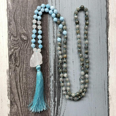 Creativity and Intuition - Natural Labradorite, Aquamarine & Crystal Quartz Hand Knotted Mala Necklace - Prana Heart: Everyday Mindfulness