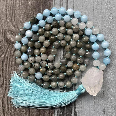 Creativity and Intuition - Natural Labradorite, Aquamarine & Crystal Quartz Hand Knotted Mala Necklace - Prana Heart: Everyday Mindfulness