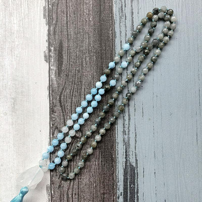 Creativity and Intuition - Natural Labradorite, Aquamarine & Crystal Quartz Hand Knotted Mala Necklace - Prana Heart: Everyday Mindfulness
