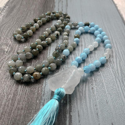 Creativity and Intuition - Natural Labradorite, Aquamarine & Crystal Quartz Hand Knotted Mala Necklace - Prana Heart: Everyday Mindfulness