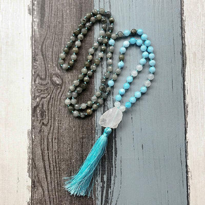 Creativity and Intuition - Natural Labradorite, Aquamarine & Crystal Quartz Hand Knotted Mala Necklace - Prana Heart: Everyday Mindfulness