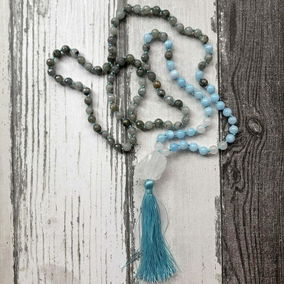 Creativity and Intuition - Natural Labradorite, Aquamarine & Crystal Quartz Hand Knotted Mala Necklace - Prana Heart: Everyday Mindfulness