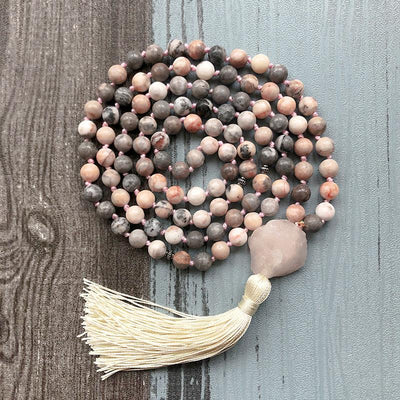 Love and Contentment - Zebra Jasper & Raw Rose Quartz Hand Knotted Mala Necklace - Prana Heart: Everyday Mindfulness