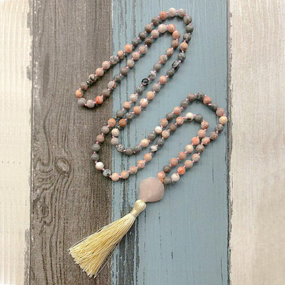 Love and Contentment - Zebra Jasper & Raw Rose Quartz Hand Knotted Mala Necklace - Prana Heart: Everyday Mindfulness