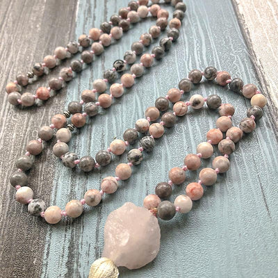 Love and Contentment - Zebra Jasper & Raw Rose Quartz Hand Knotted Mala Necklace - Prana Heart: Everyday Mindfulness