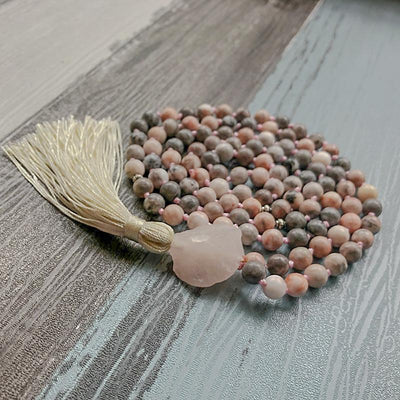 Love and Contentment - Zebra Jasper & Raw Rose Quartz Hand Knotted Mala Necklace - Prana Heart: Everyday Mindfulness