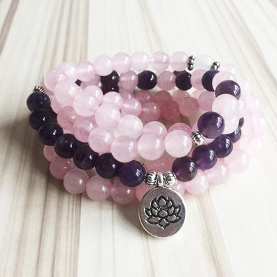 Natural Amethyst & Rose Quartz Lotus Mala - Prana Heart: Everyday Mindfulness