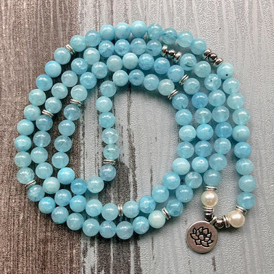 Natural Aquamarine Lotus Mala Bracelet/Necklace - Prana Heart: Everyday Mindfulness