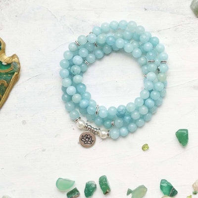 Natural Aquamarine Lotus Mala Bracelet/Necklace - Prana Heart: Everyday Mindfulness