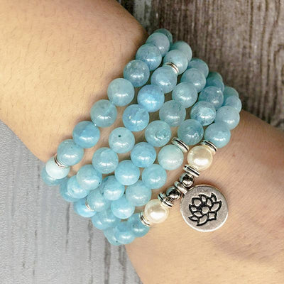 Natural Aquamarine Lotus Mala Bracelet/Necklace - Prana Heart: Everyday Mindfulness