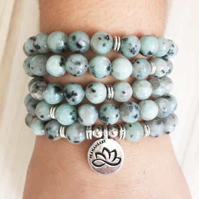 Natural Kiwi Jasper Lotus Mala - Prana Heart: Everyday Mindfulness