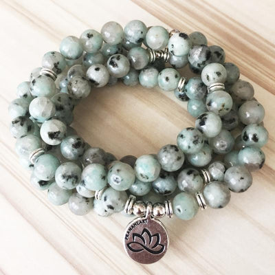 Natural Kiwi Jasper Lotus Mala - Prana Heart: Everyday Mindfulness